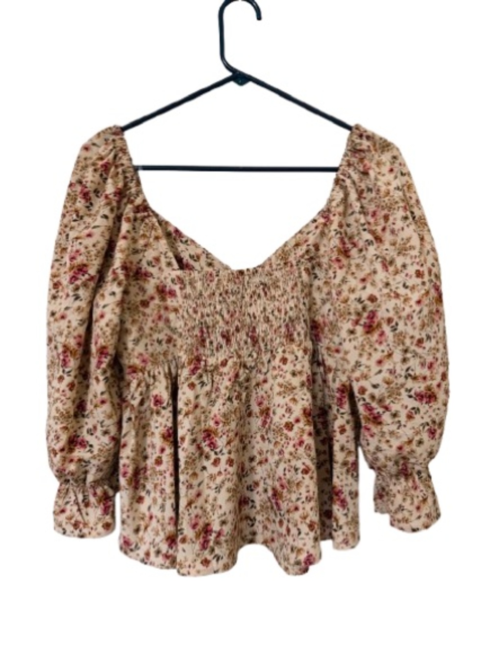 Entro Floral Peplum Blouse NWT Large Puff Sleeve Smocked Back Cottagecore - Picture 5 of 8